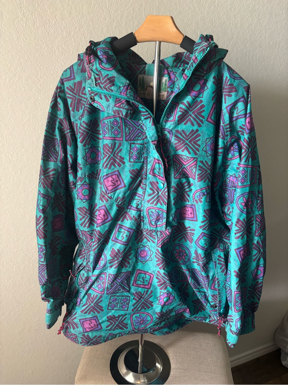 Vintage Eastern Mountain Sports Popover Jacket Teal Geometric Pullover Mens L